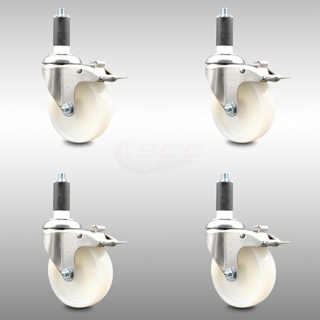 Service Caster 4 Inch 316SS Nylon Wheel Swivel 1-3/8 Inch Expanding Stem Caster Set Lock Brake SCC-SS316TTLEX20S414-NYS-138-4